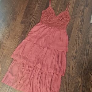 Elegant Lace Tiered Dress in Rusty Red